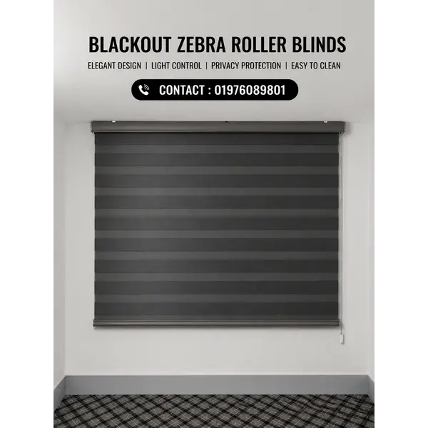 Blackout Zebra Roller Blinds made with imported South Korean fabric installed in a modern bedroom in Bangladesh