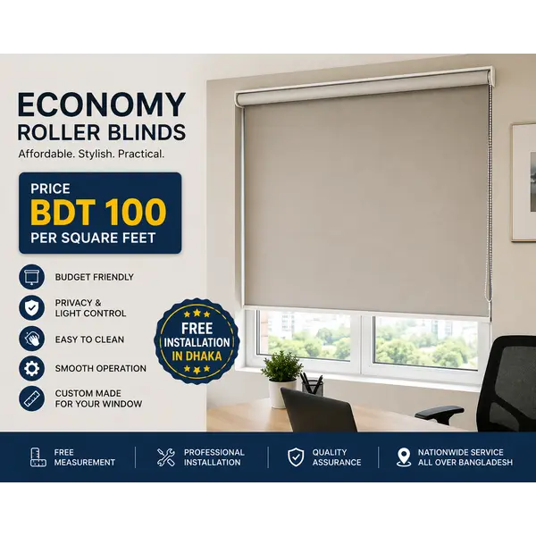 Economy Roller Blinds installed in a modern office, offering an affordable window covering solution in Bangladesh.