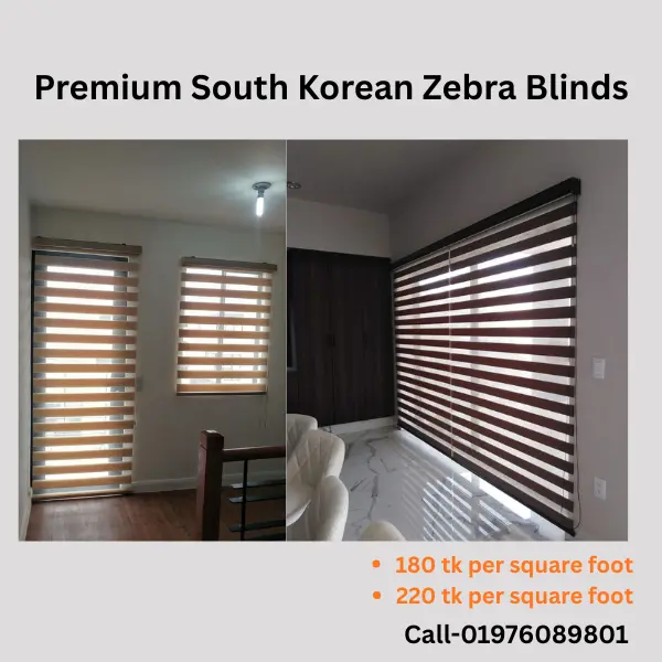 Premium South Korean Zebra Blinds made from imported 70 percent polyester and 30 percent PVC fabric installed in a modern home in Bangladesh