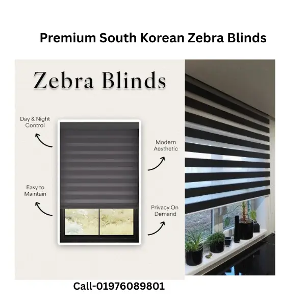 Premium South Korean Zebra Blinds made from imported 70 percent polyester and 30 percent PVC fabric installed in a modern home in Bangladesh